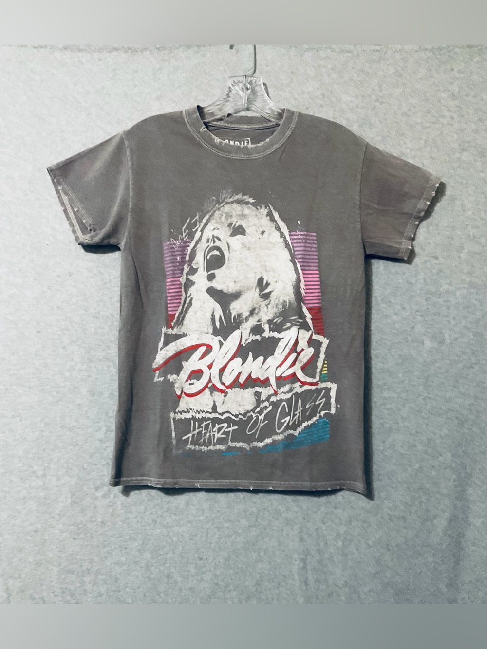Blondie "Heart of Glass" Graphic, Women's T Shirt Gray with Pink & Blue
